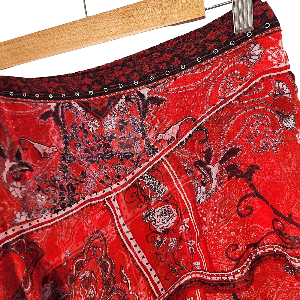 Camilla long skirt embellished hankerchief style red & paisley - size 16 - Picture 12 of 17